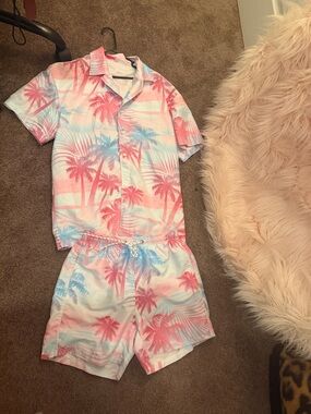 Men's Pink & Blue Palm-Print Short Set